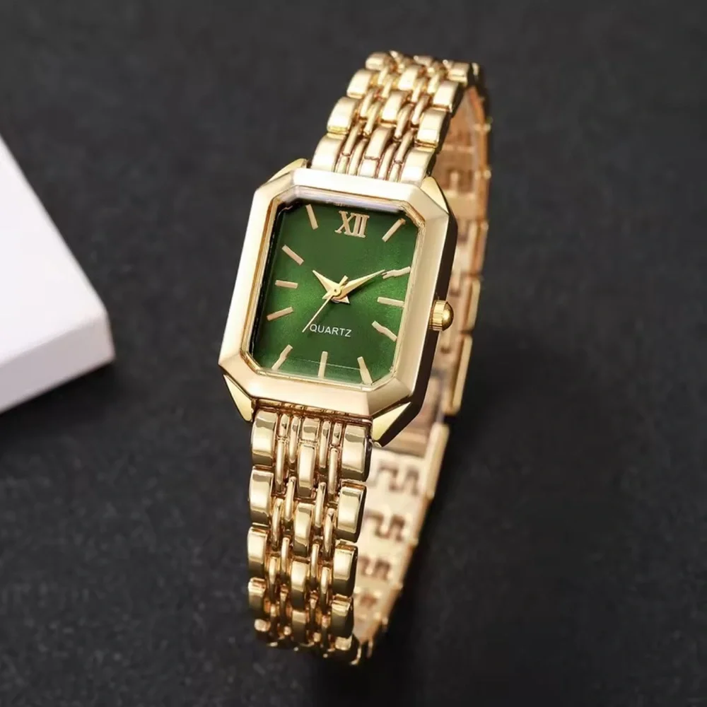 Classic Gold Green Quartz Watch — Green Dial & Linked Bracelet
